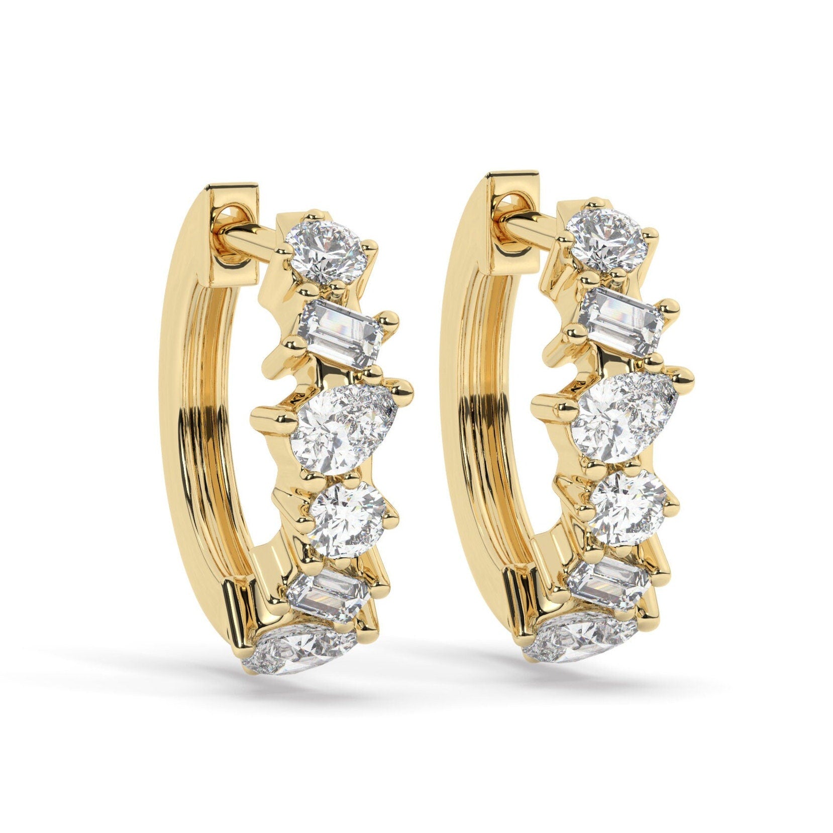Alternating Round Baguette Pear Diamond Hoop Earrings