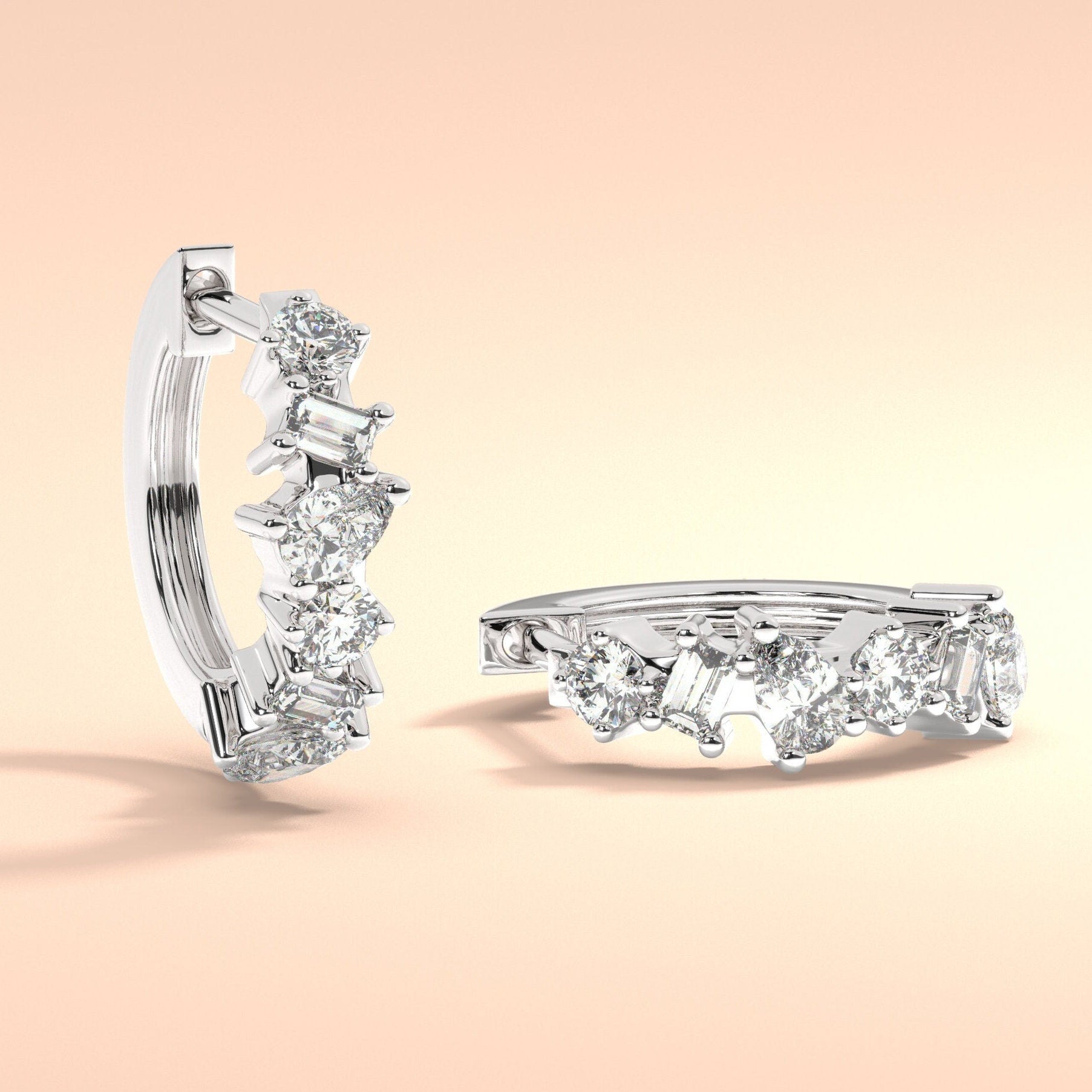 Alternating Round Baguette Pear Diamond Hoop Earrings
