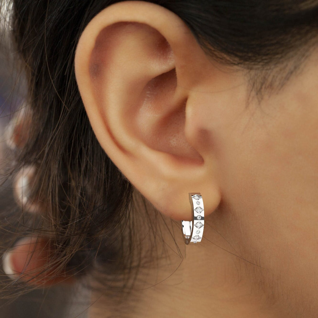 Engraved Diamond Small Hoop Huggie Earrings