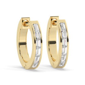 14k Gold Baguette Diamond Hoop Earrings: Huggie Style