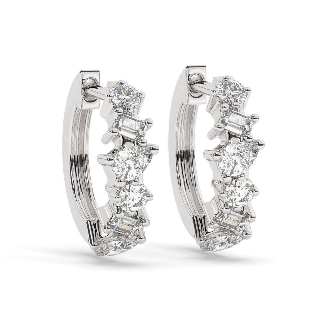 Alternating Round Baguette Pear Diamond Hoop Earrings