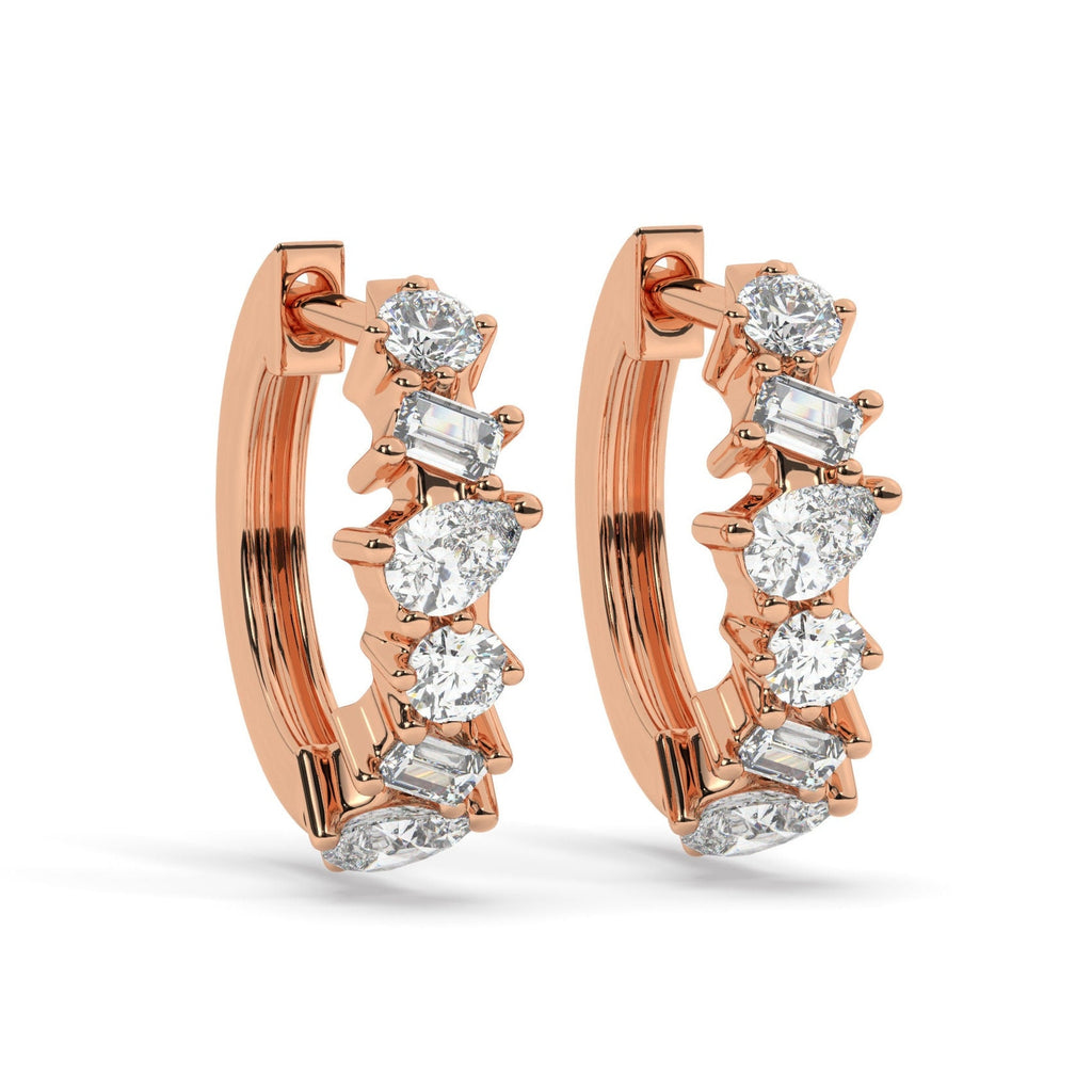 Alternating Round Baguette Pear Diamond Hoop Earrings