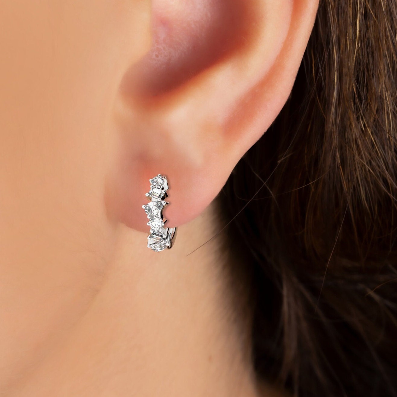 Alternating Round Baguette Pear Diamond Hoop Earrings