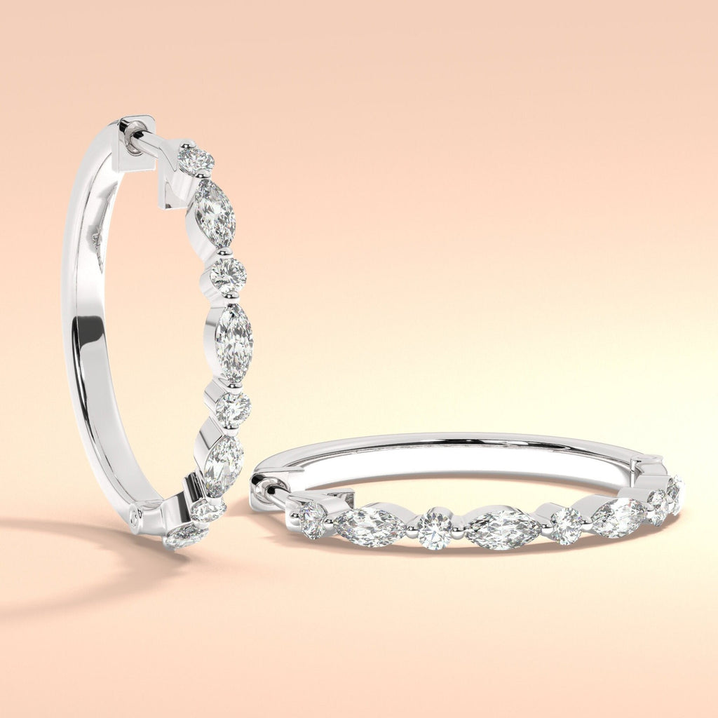Round and Marquise Alternating Diamond Hoop Earrings