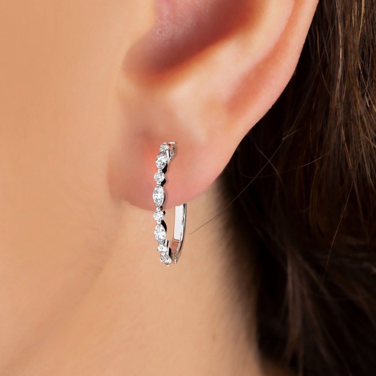 Round and Marquise Alternating Diamond Hoop Earrings