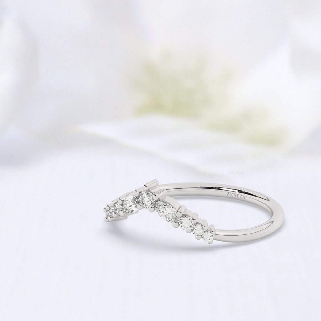 V Shape Marquise Round Diamond Curved Ring