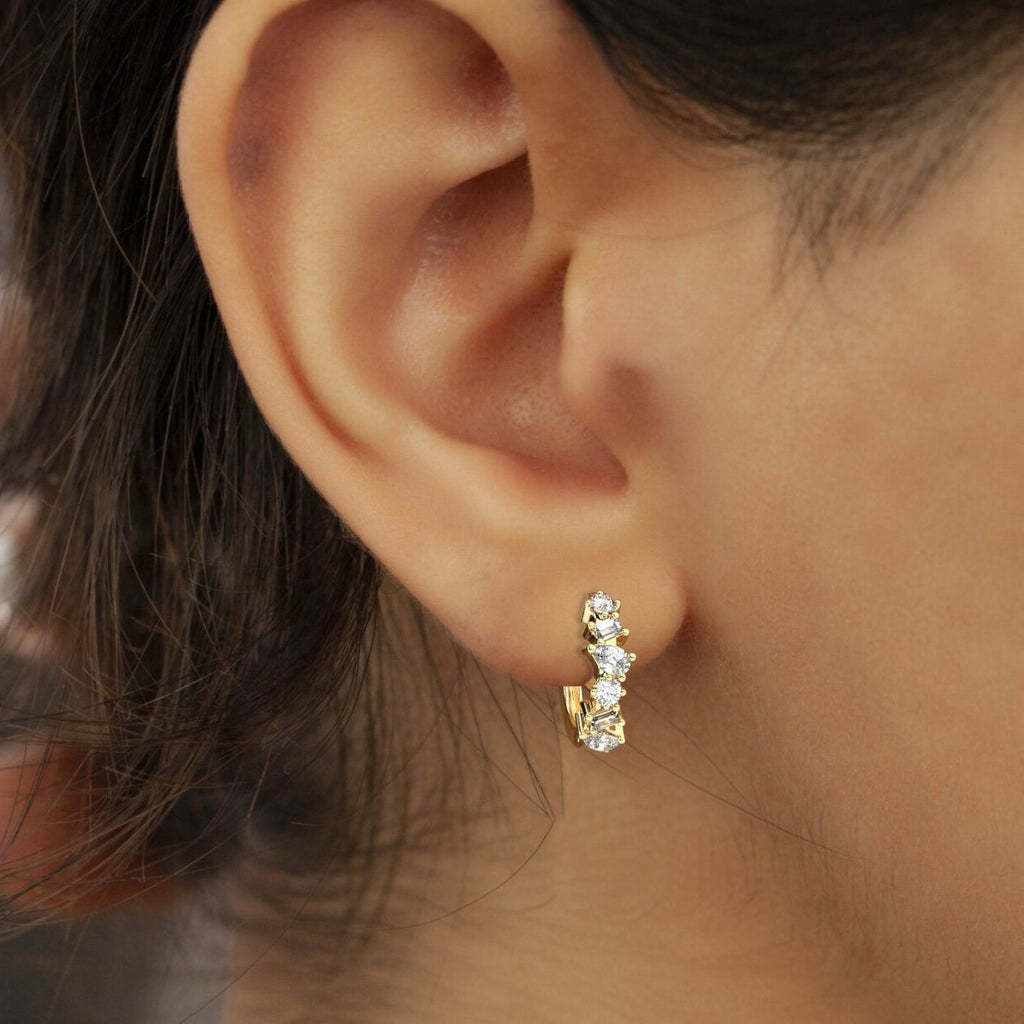 Alternating Round Baguette Pear Diamond Hoop Earrings