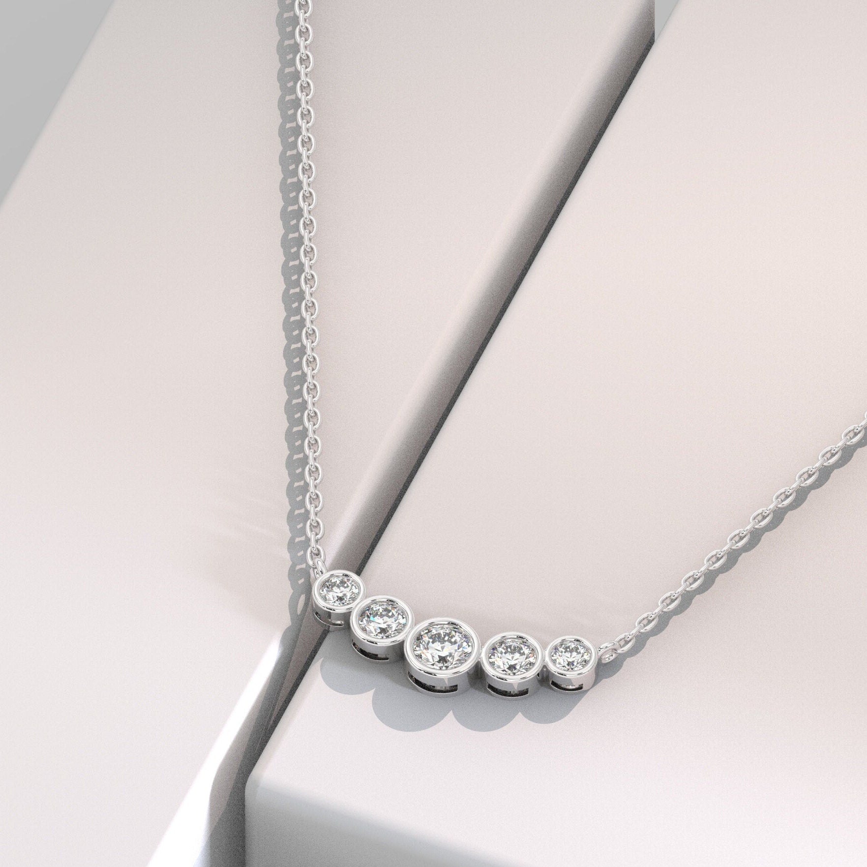 Curved Graduated Bezel Necklace / 14k Curved 5 Stone Bar Necklace / Minimalist Diamond Necklace / Wedding bridal anniversary gift for her