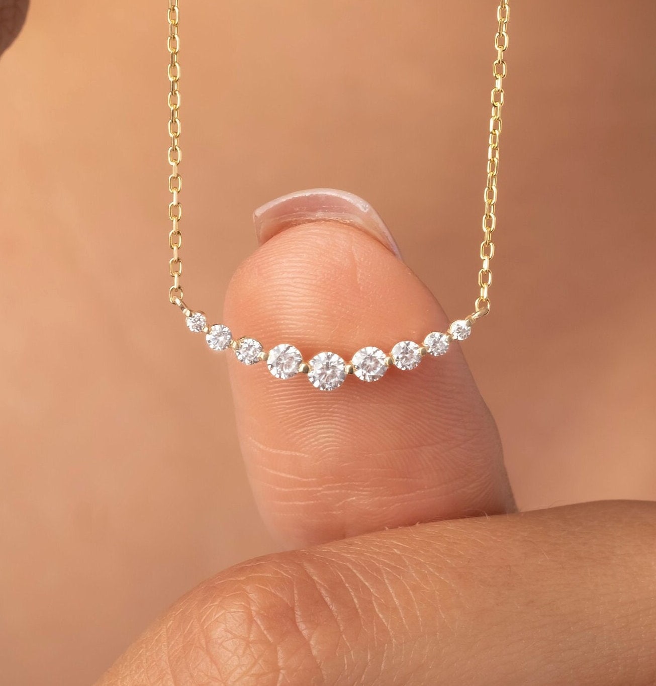 Floating Diamond Necklace, 14k Curved Bar Necklace, Minimalist Diamond Necklace / Gift for her / Dainty Diamond Necklace