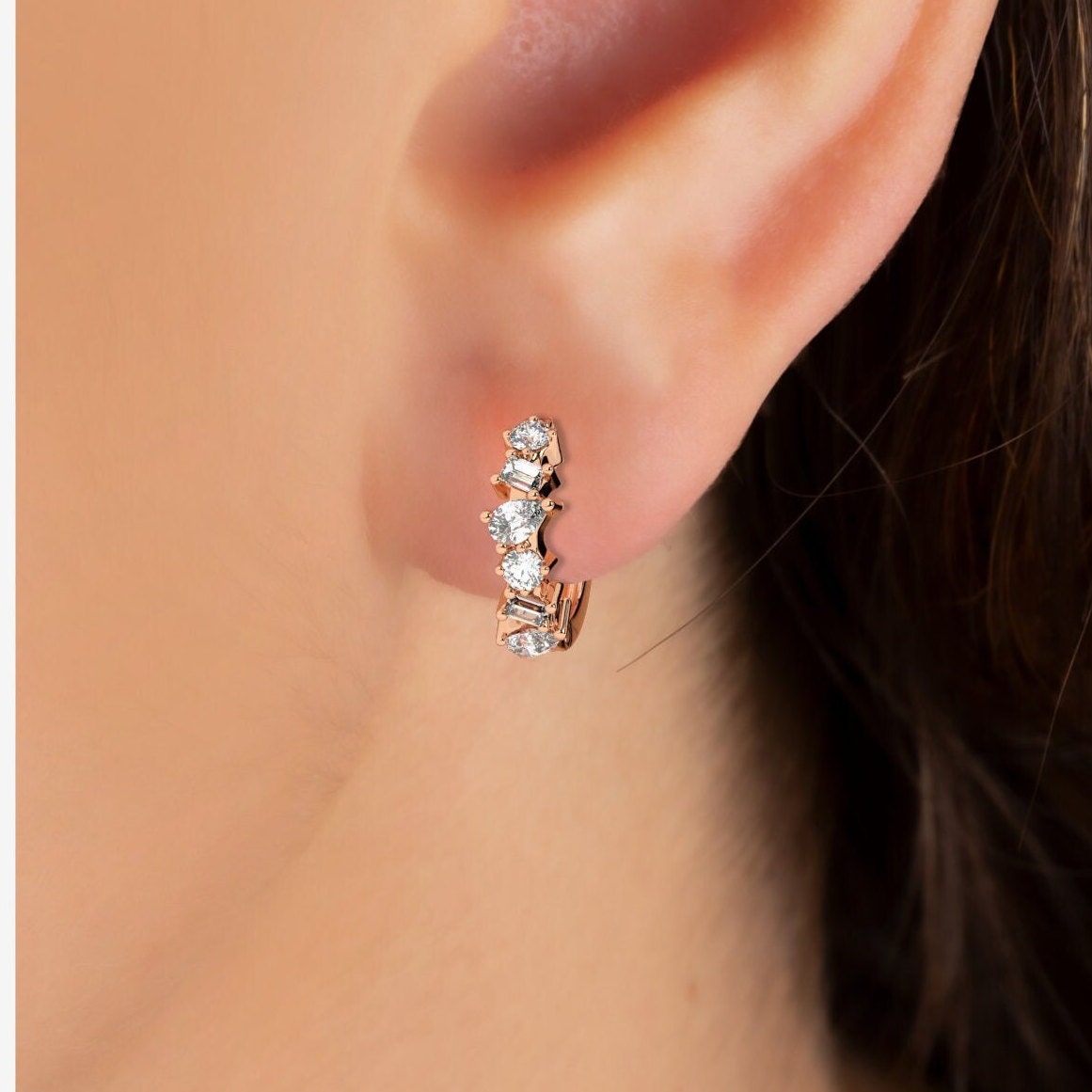 Alternating Round Baguette Pear Diamond Hoop Earrings
