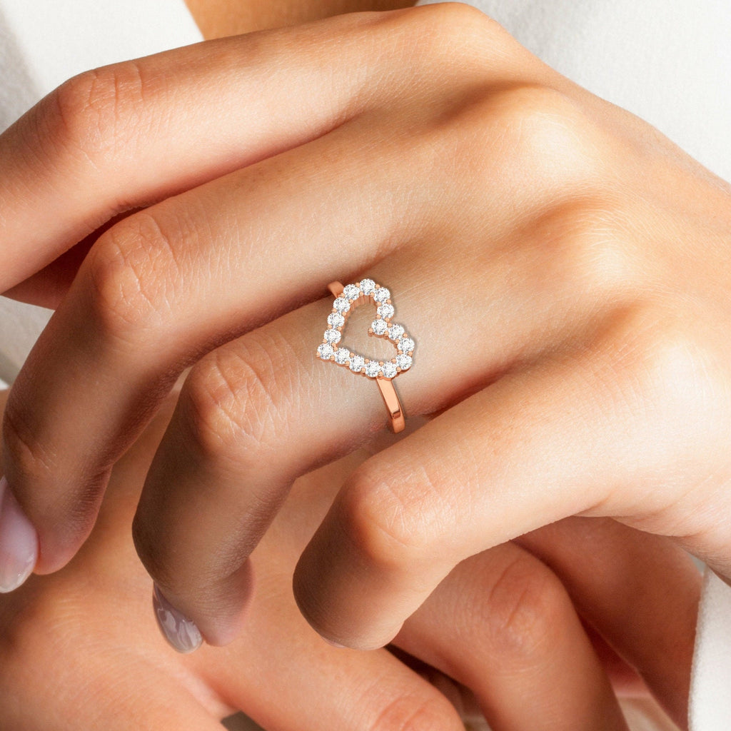 Diamond Heart Ring / 14k Gold Heart Stacking Band / Love Ring / Heart Ring / Dainty Heart Ring / Gift Ideas / Pave Open Heart Gold Ring