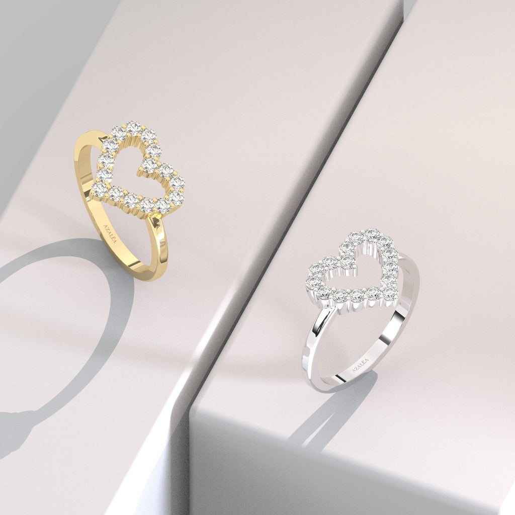 Diamond Heart Ring / 14k Gold Heart Stacking Band / Love Ring / Heart Ring / Dainty Heart Ring / Gift Ideas / Pave Open Heart Gold Ring