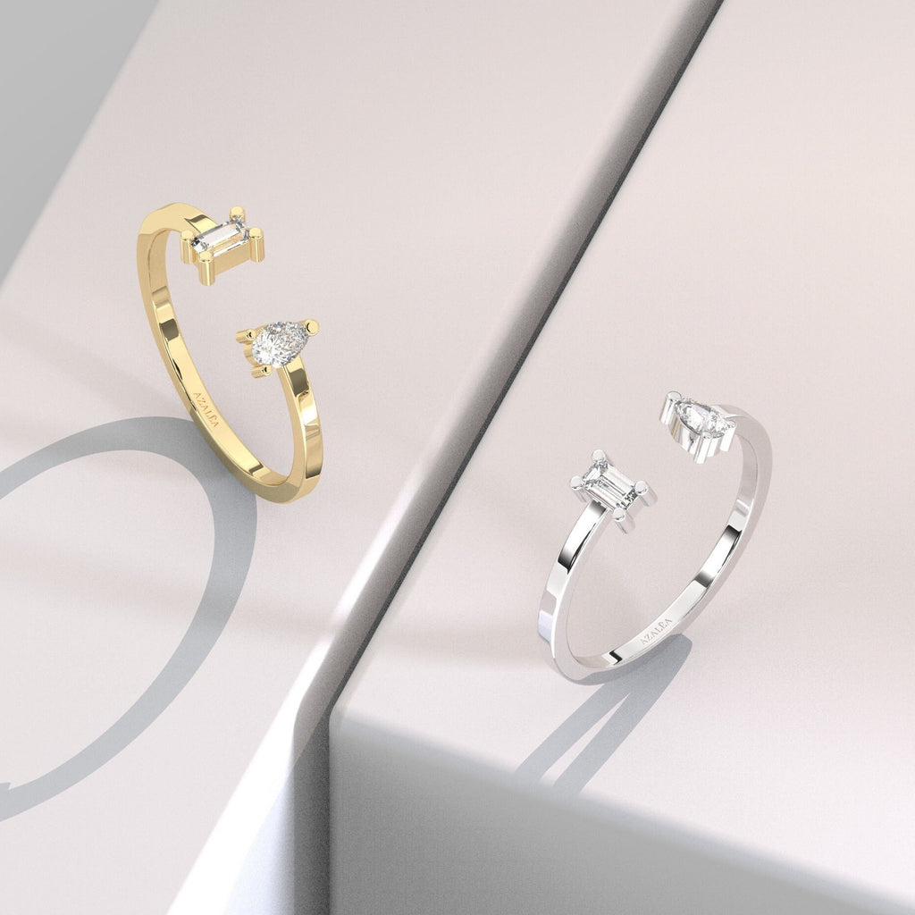 Diamond Cuff Ring / 14k Gold Pear and Baguette Diamond Cuff Band / Diamond Stacking Ring / Anniversary Gift / Diamond Gift Ideas