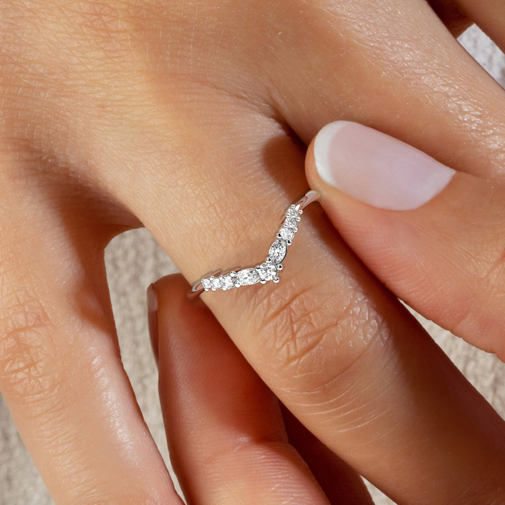 V Shape Marquise Round Diamond Curved Ring