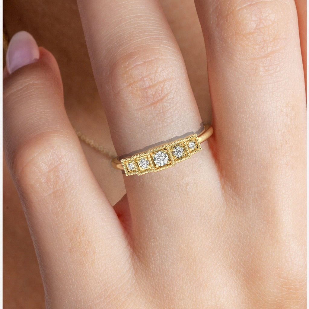 Diamond Stacking Ring / 14k Gold Round Diamond Prong Set Ring / Square Diamond Stacking Ring / Anniversary Ring / Diamond Gift Ideas