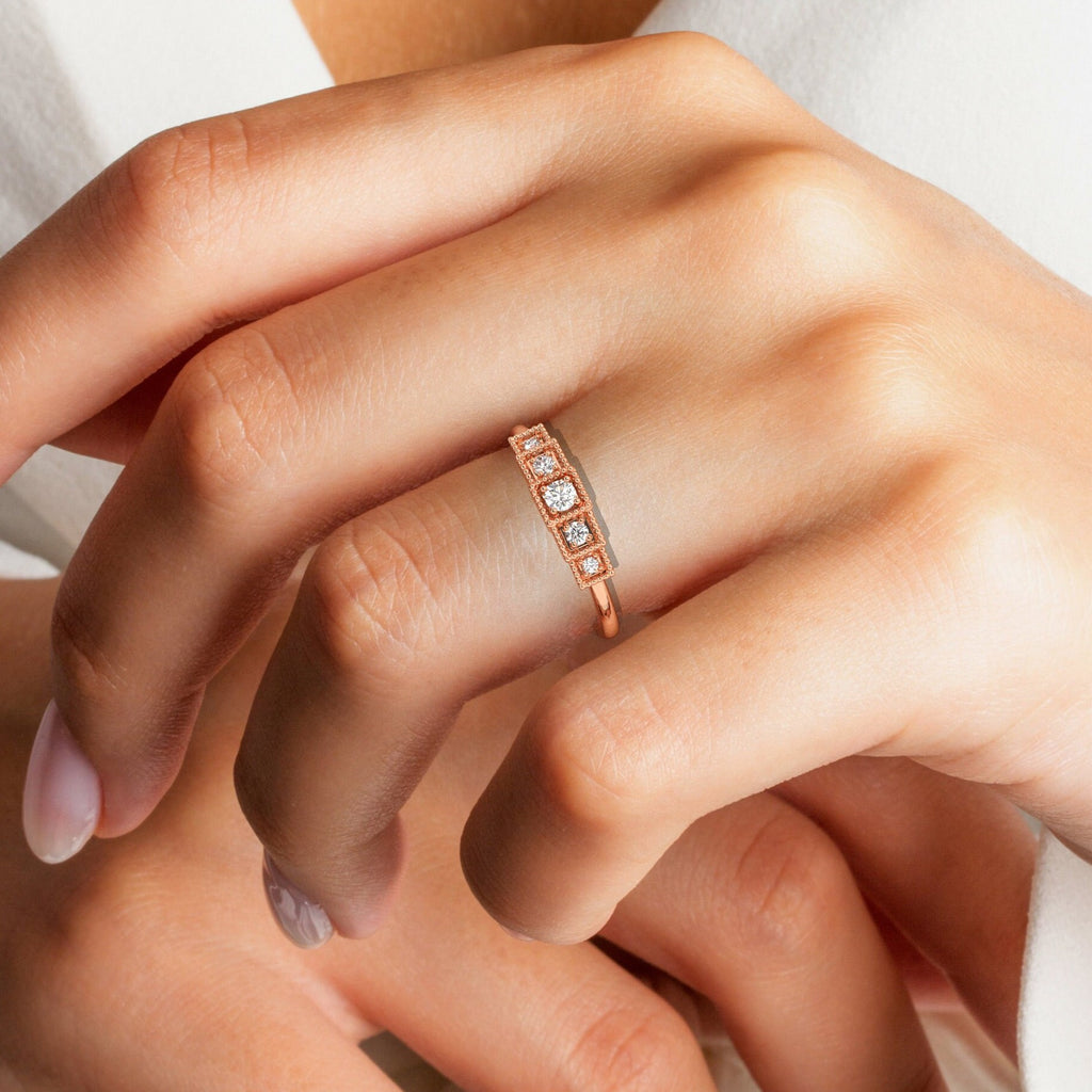 Diamond Stacking Ring / 14k Gold Round Diamond Prong Set Ring / Square Diamond Stacking Ring / Anniversary Ring / Diamond Gift Ideas