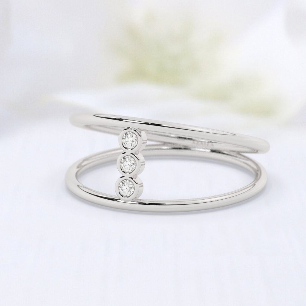 14k Gold Bezel Diamond Wedding Band / Double Ring Stacking Ring / Engagement Ring / Unique Design Minimalist Ring / Dual Band Wedding Ring