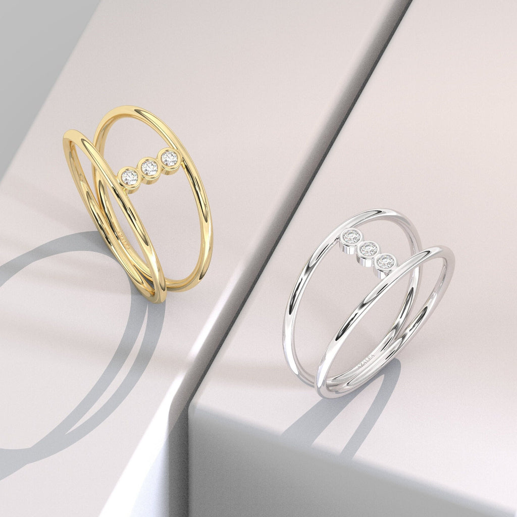 14k Gold Bezel Diamond Wedding Band / Double Ring Stacking Ring / Engagement Ring / Unique Design Minimalist Ring / Dual Band Wedding Ring