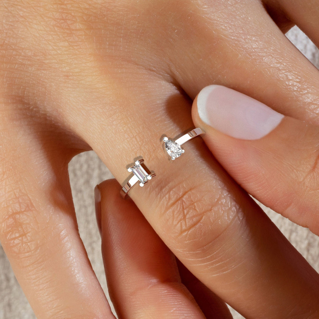 Diamond Cuff Ring / 14k Gold Pear and Baguette Diamond Cuff Band / Diamond Stacking Ring / Anniversary Gift / Diamond Gift Ideas