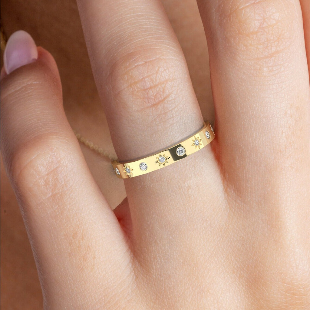 Diamond Eternity Wedding Band / 14k Gold Engraved Star Diamond Stacking Ring / Stackable Ring / Anniversary Gift / Diamond Engagement Band