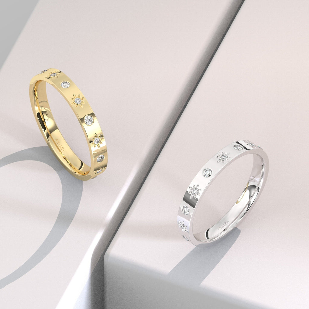 Diamond Eternity Wedding Band / 14k Gold Engraved Star Diamond Stacking Ring / Stackable Ring / Anniversary Gift / Diamond Engagement Band