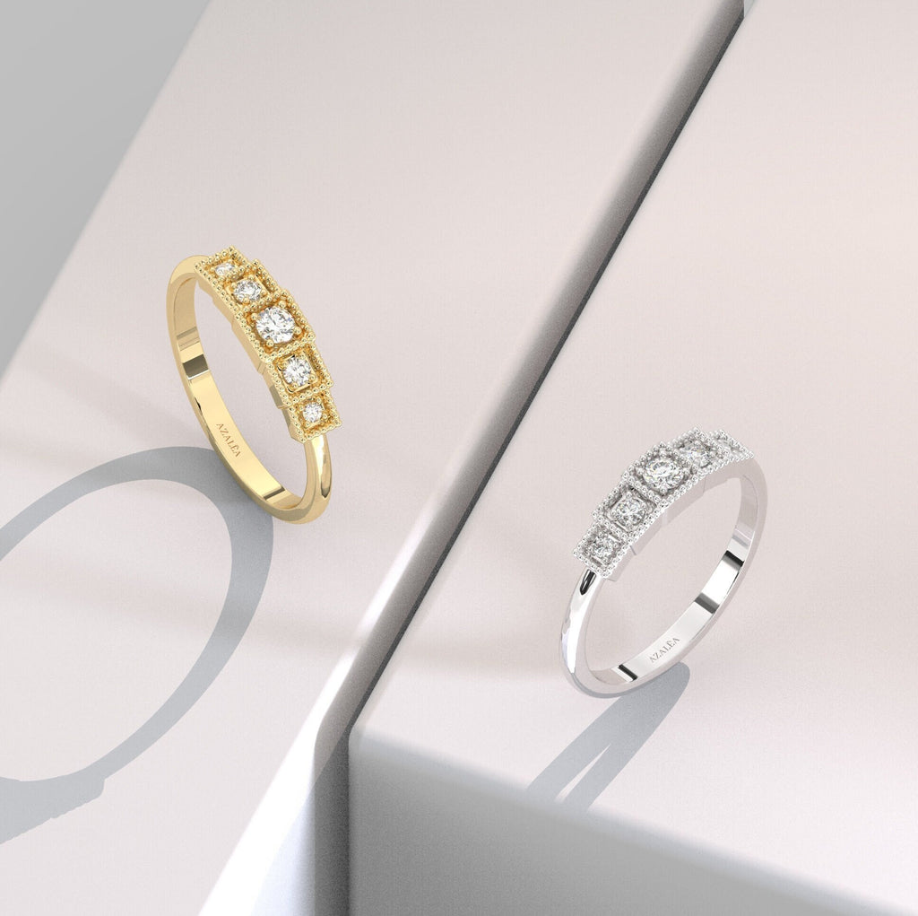 Diamond Stacking Ring / 14k Gold Round Diamond Prong Set Ring / Square Diamond Stacking Ring / Anniversary Ring / Diamond Gift Ideas