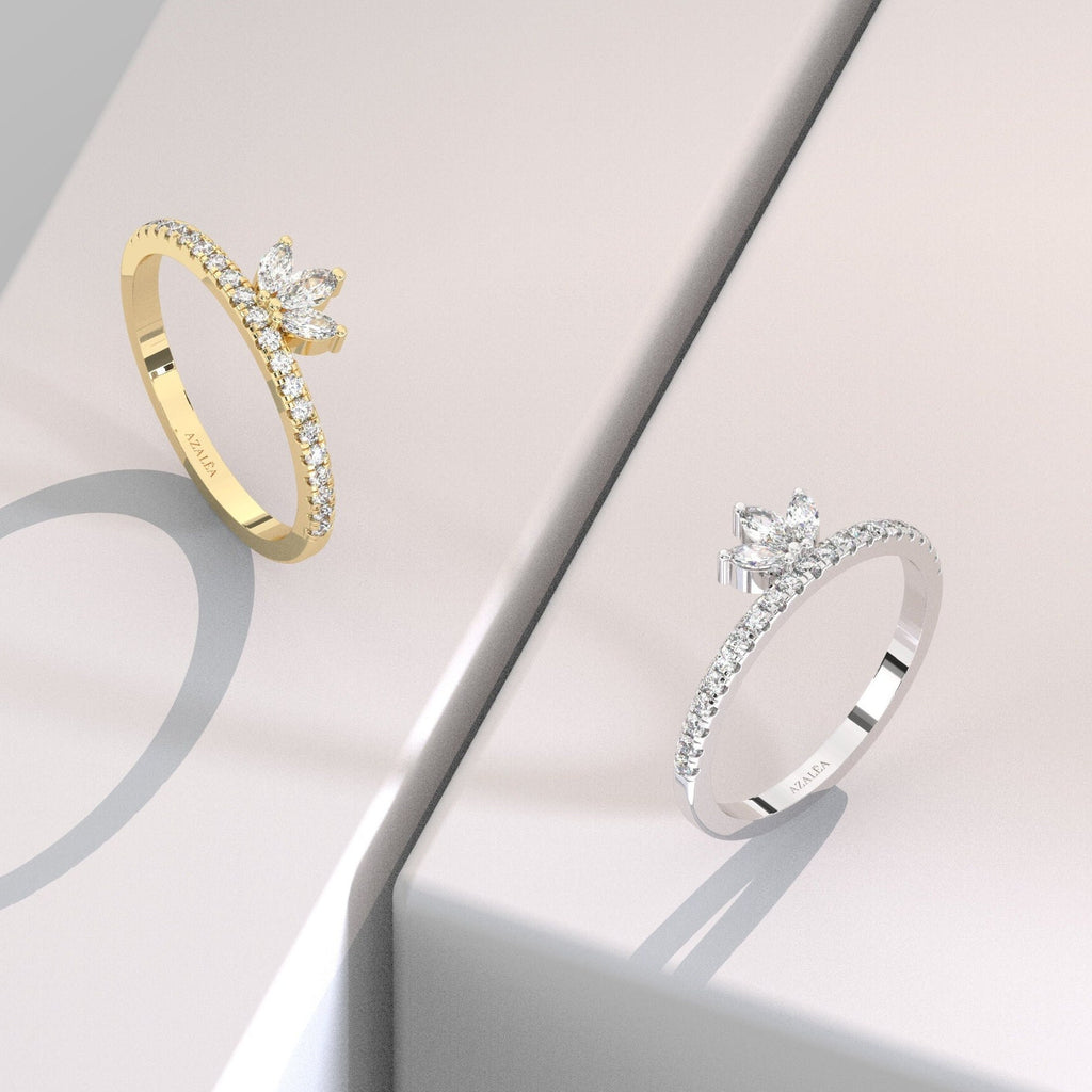 14k Marquise and Round Diamond Wedding Band / Engagement Ring / Stacking Ring / Crown Diamond Ring/ Bridal Gift / Contour Nesting Ring