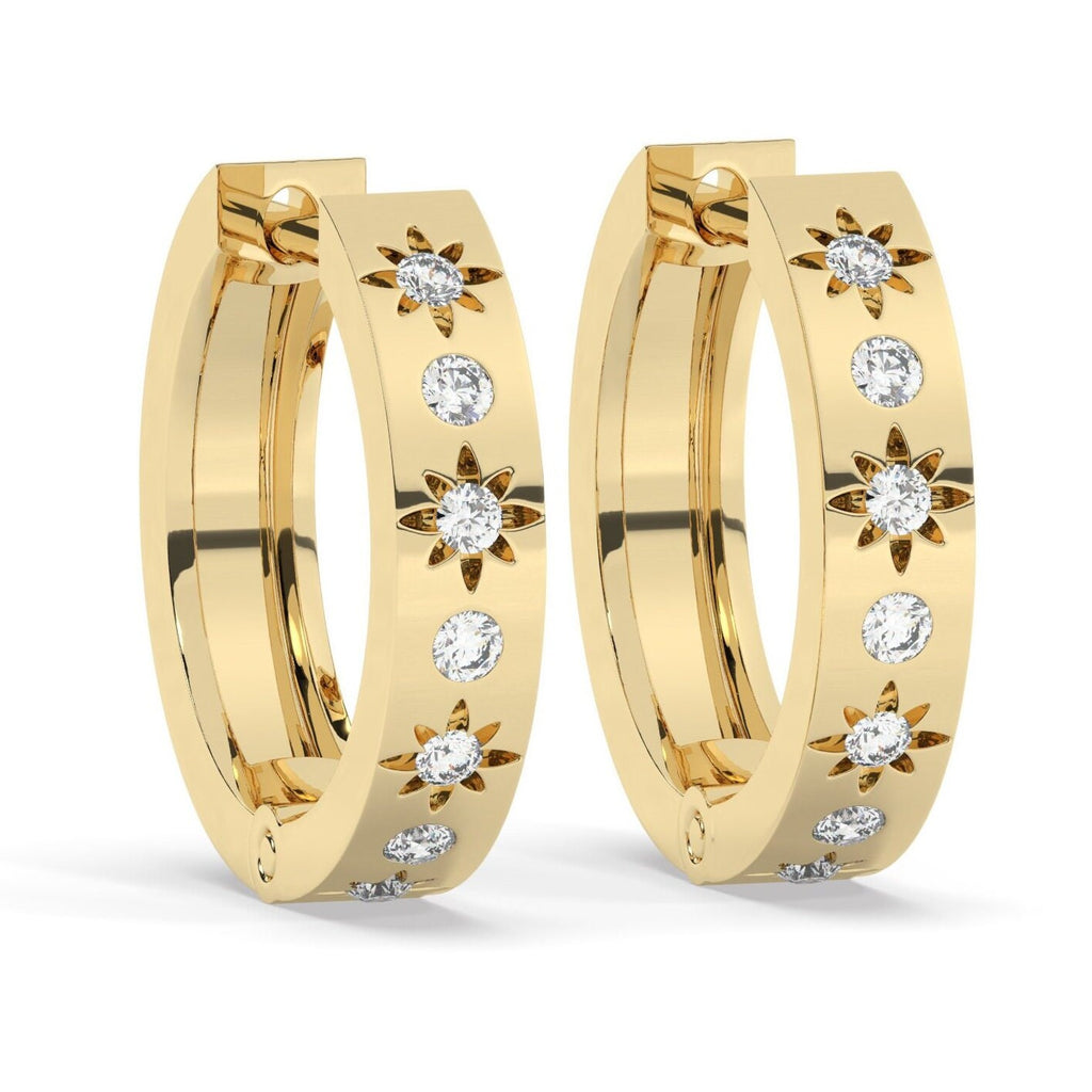 Starbust Diamond Hoop Earrings / Star Engraved Hoops