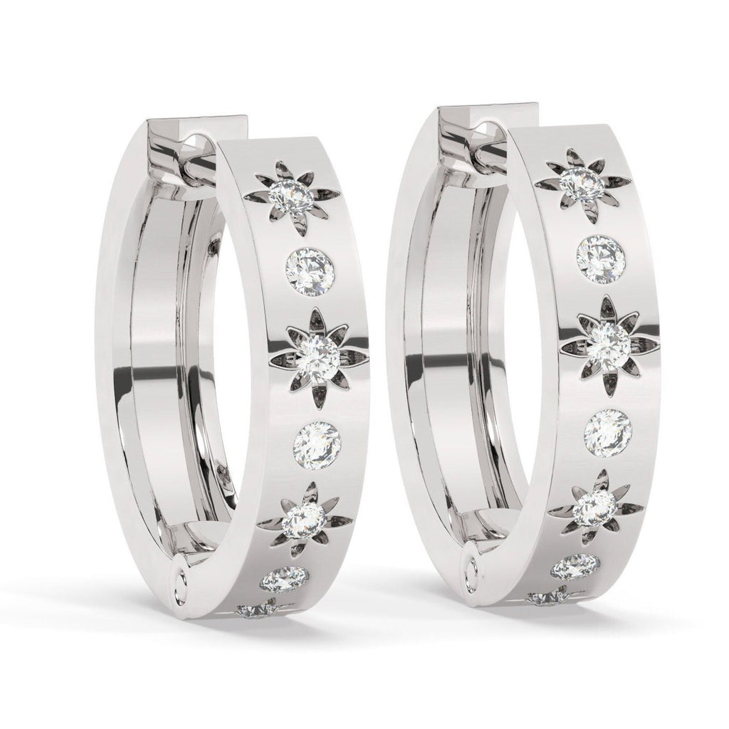 Starbust Diamond Hoop Earrings / Star Engraved Hoops