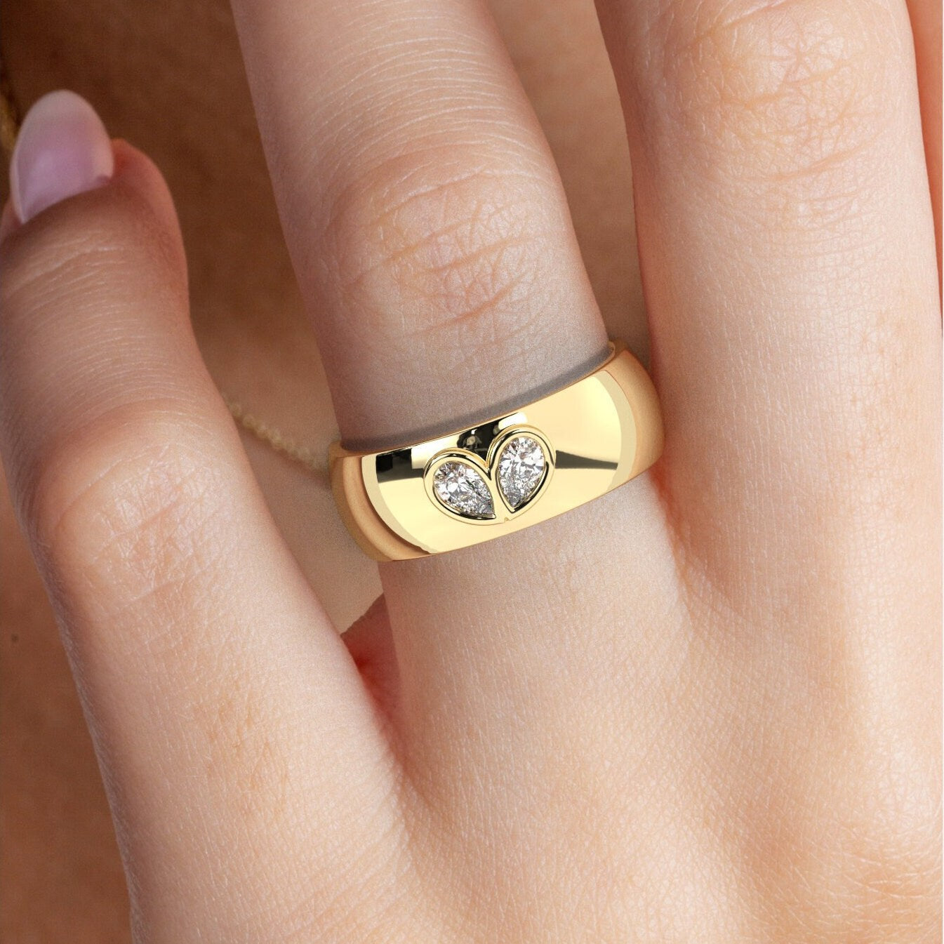 Double Pear Diamond Wide Band / Stacking Ring / 14k Wedding Band / Teardrop Engagement Ring / Unique Thick Band / Fine Jewelry for Women