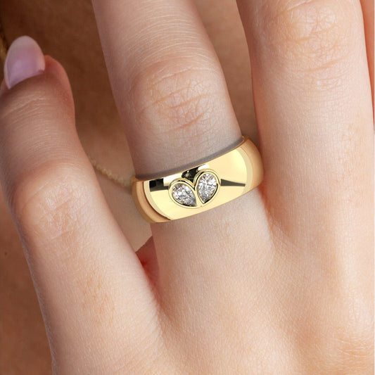 Double Pear Diamond Wide Band / Stacking Ring / 14k Wedding Band / Teardrop Engagement Ring / Unique Thick Band / Fine Jewelry for Women