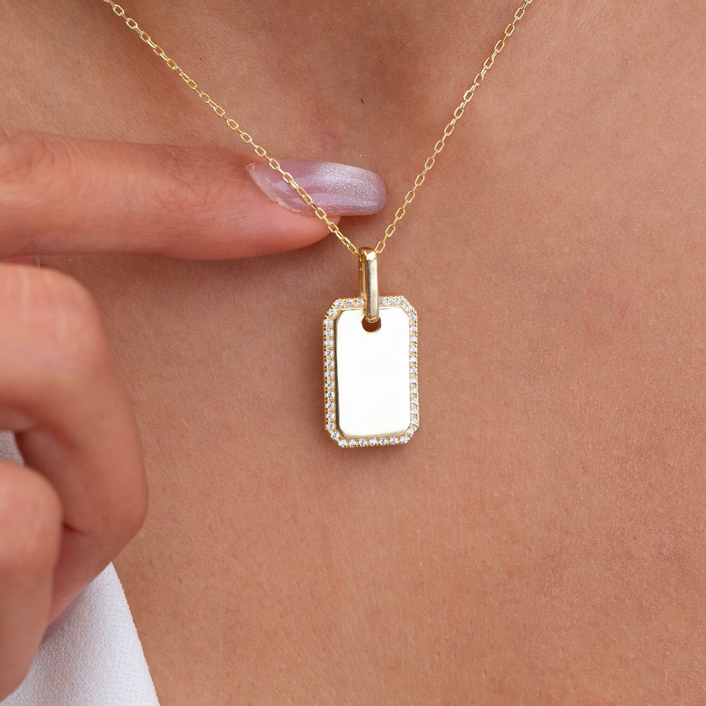 Diamond Dog tag Necklace / Engravable Dog Tag Necklace