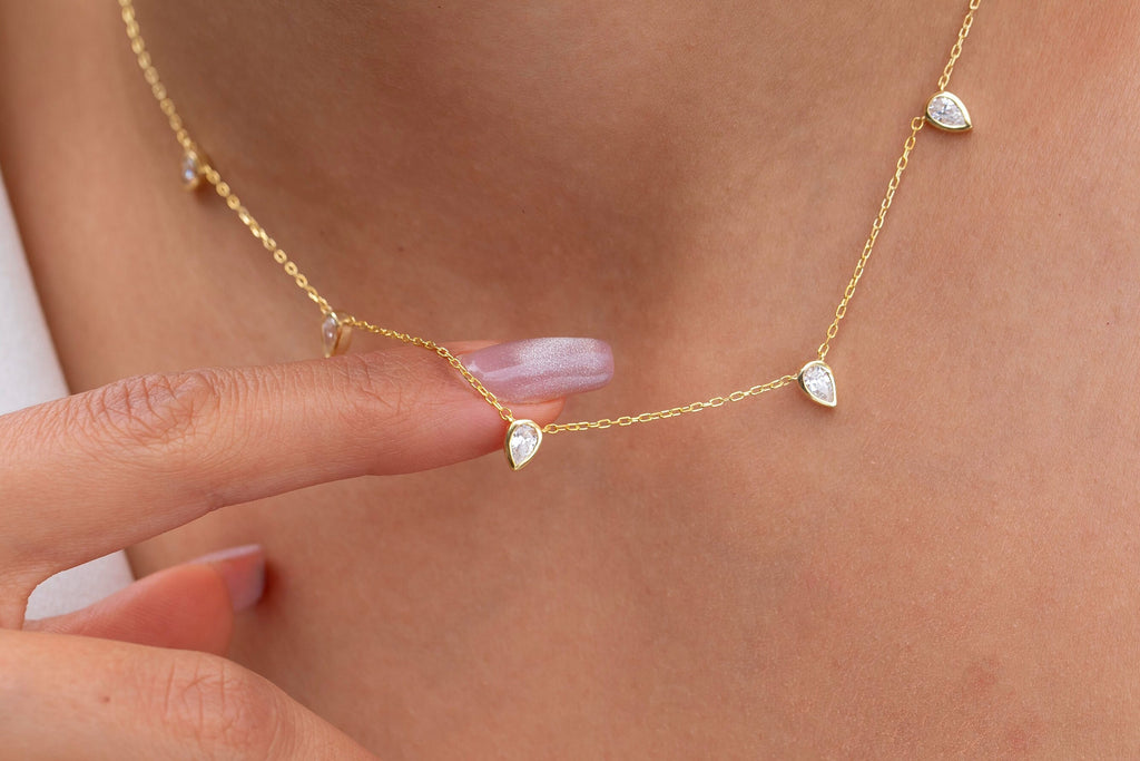 Diamond Tear Drop Station Necklace
