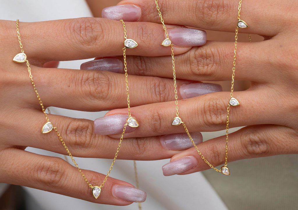 Diamond Tear Drop Station Necklace