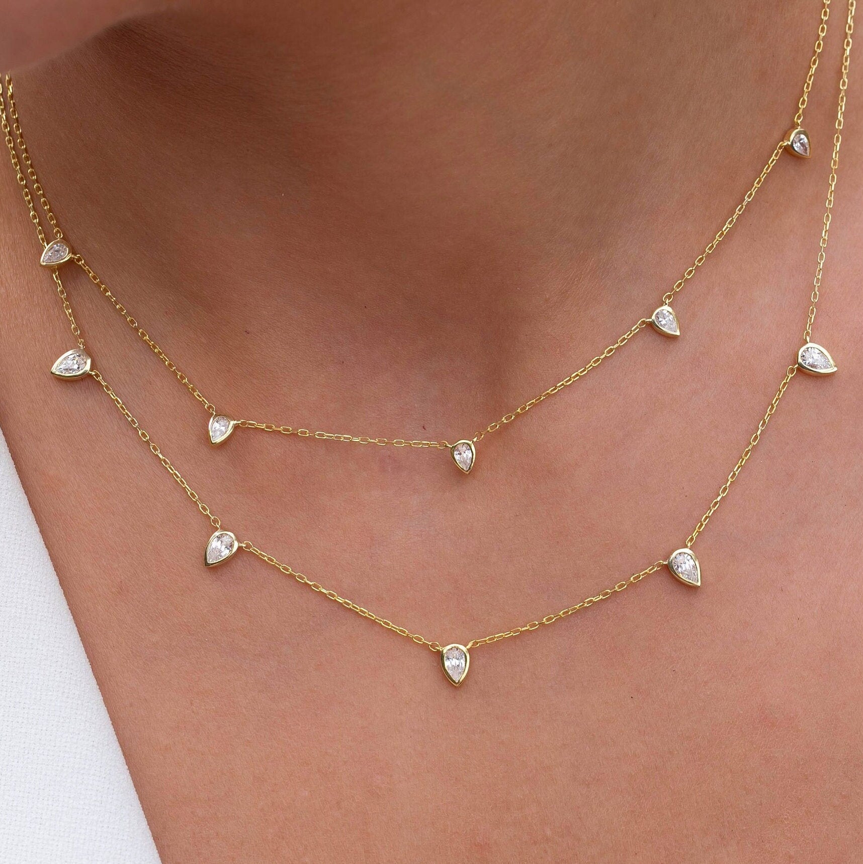 Diamond Tear Drop Station Necklace