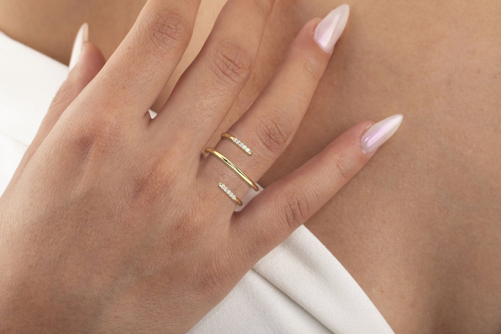 Diamond Spiral Cuff Ring / 14k Gold Spiral Diamond Cuff Ring / Anniversary Ring / Wedding Band / Stacking Ring / Bridal Gift / Birthday Gift