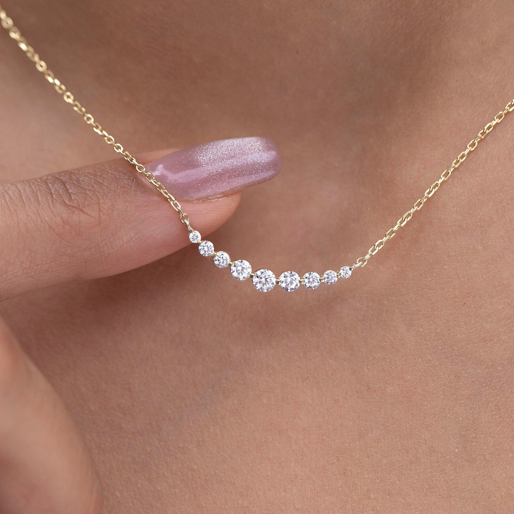 Floating Diamond Necklace, 14k Curved Bar Necklace, Minimalist Diamond Necklace / Gift for her / Dainty Diamond Necklace