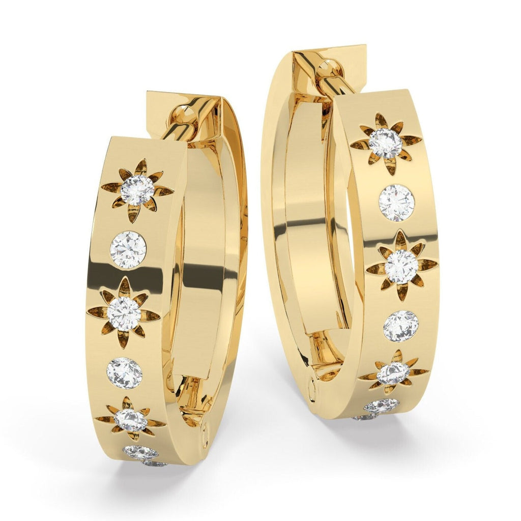 Starbust Diamond Hoop Earrings / Star Engraved Hoops