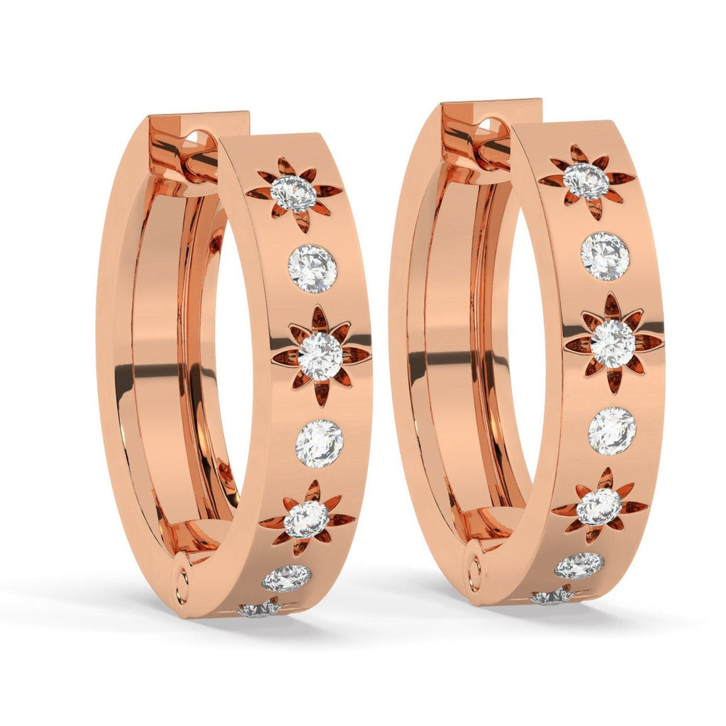 Starbust Diamond Hoop Earrings / Star Engraved Hoops