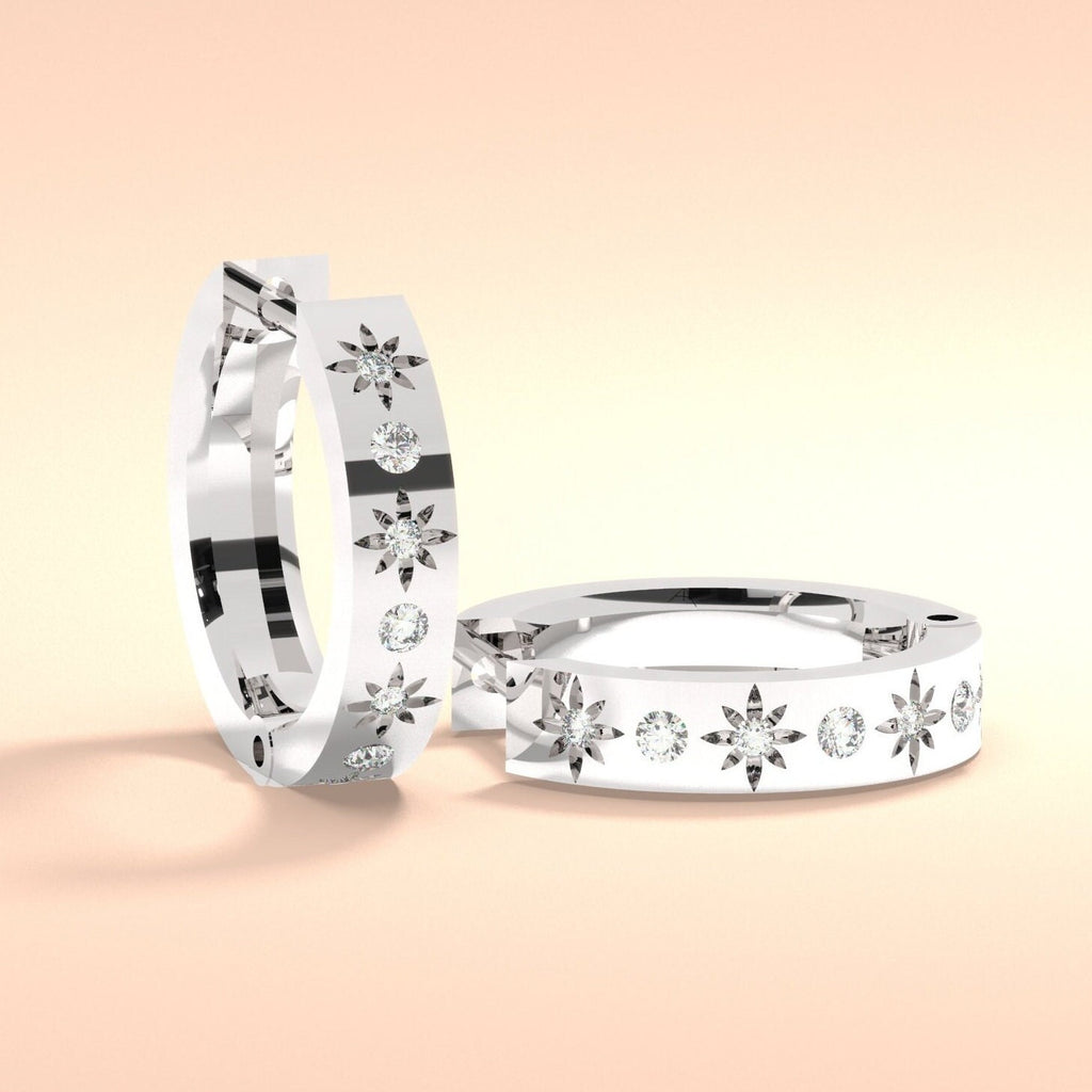 Starbust Diamond Hoop Earrings / Star Engraved Hoops
