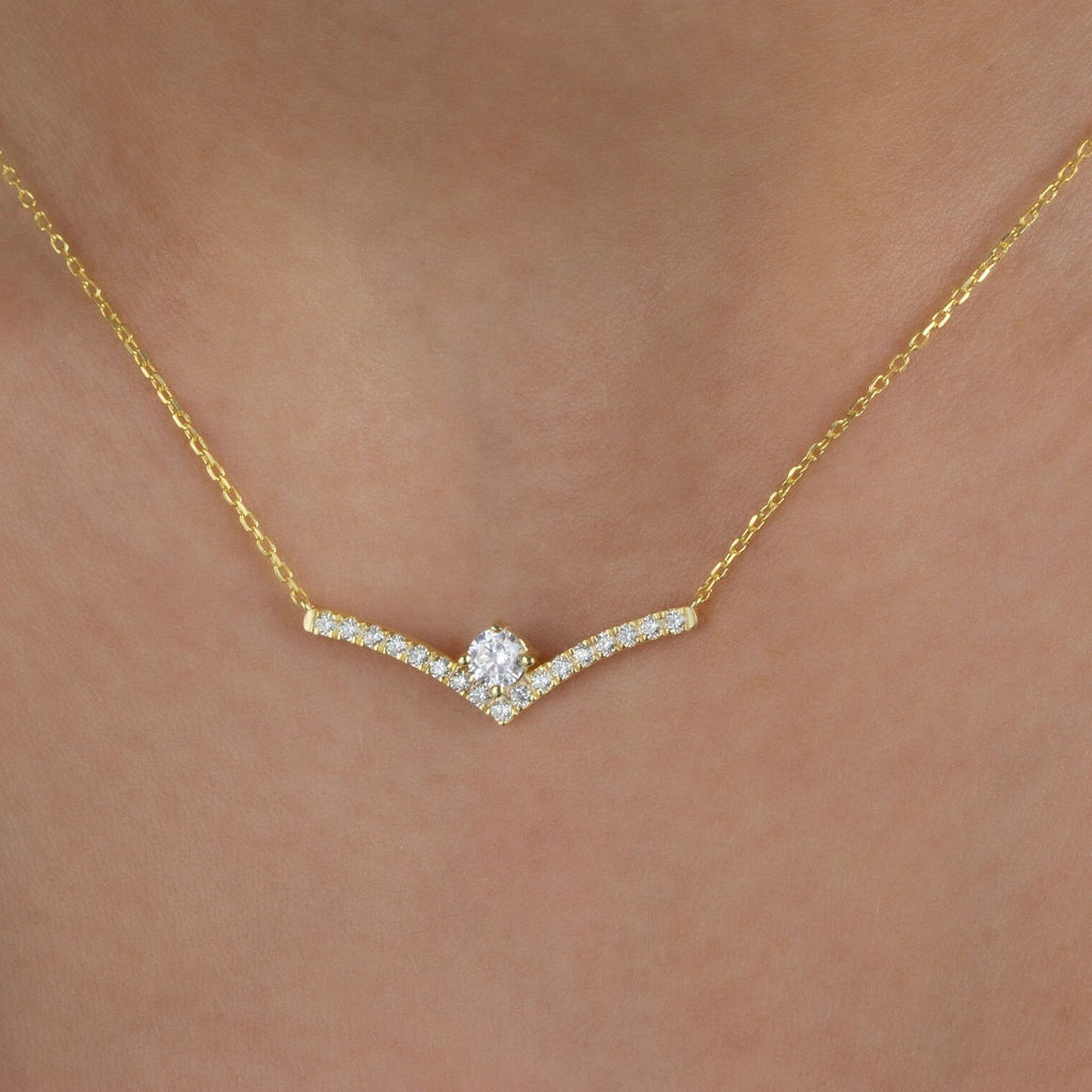 Solitaire Diamond Chevron Bar Necklace