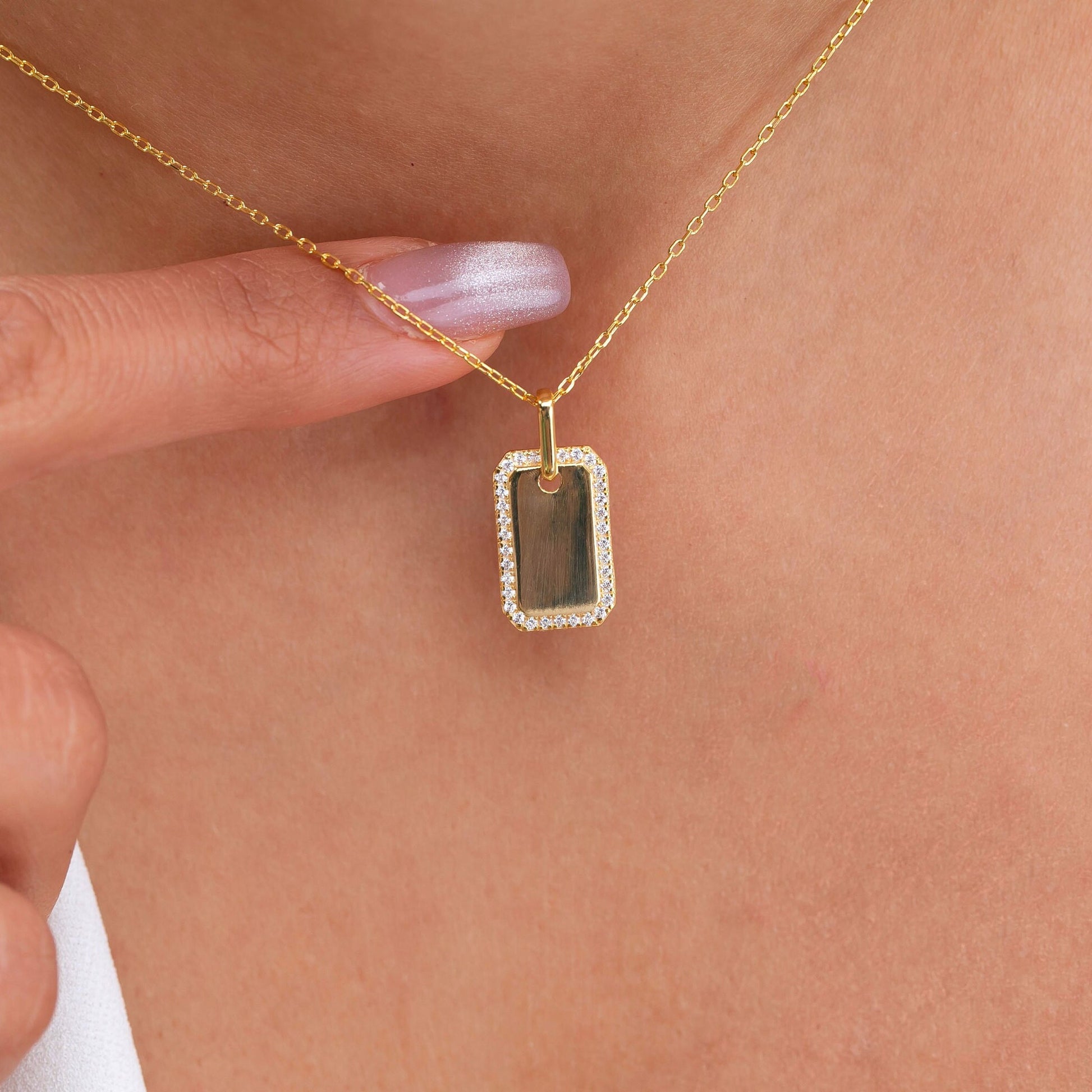 Diamond Dog tag Necklace / Engravable Dog Tag Necklace