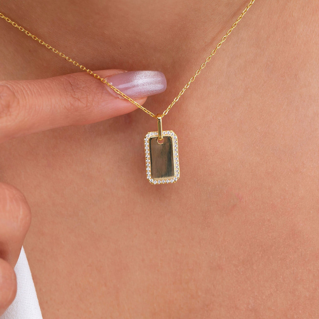 Diamond Dog tag Necklace / Engravable Dog Tag Necklace