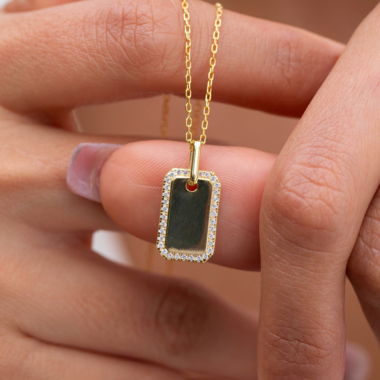 Diamond Dog tag Necklace / Engravable Dog Tag Necklace