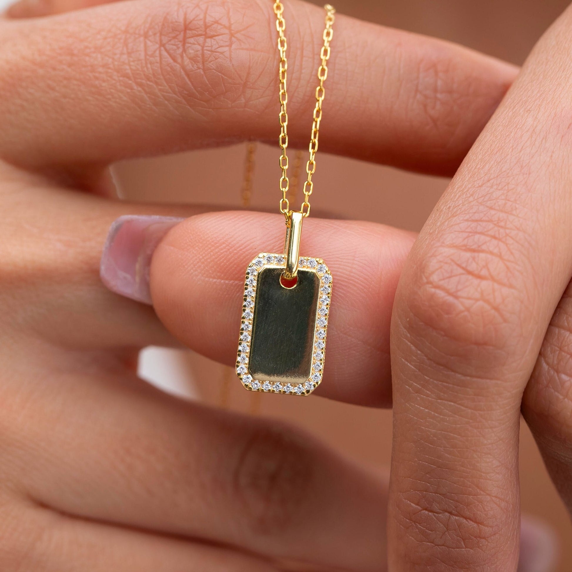 Diamond Dog tag Necklace / Engravable Dog Tag Necklace
