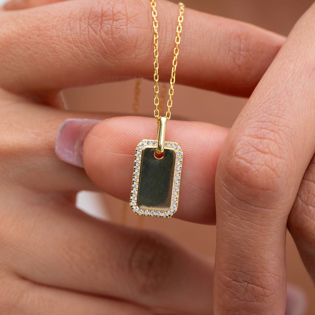 Diamond Dog tag Necklace / Engravable Dog Tag Necklace