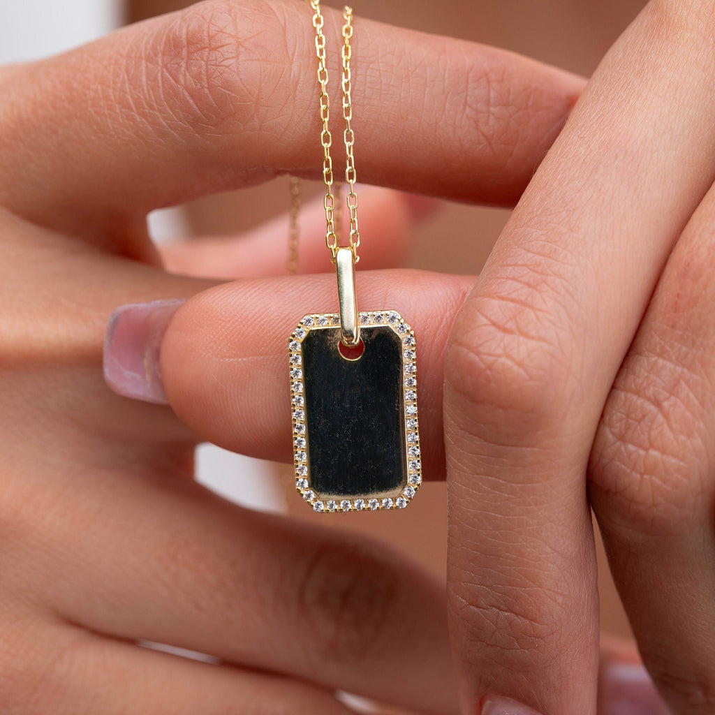 Diamond Dog tag Necklace / Engravable Dog Tag Necklace