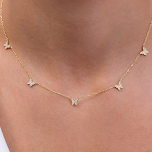 14k Gold Diamond Butterfly Station Necklace, Dainty Charm Necklace