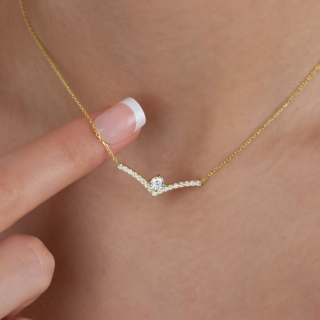 Solitaire Diamond Chevron Bar Necklace