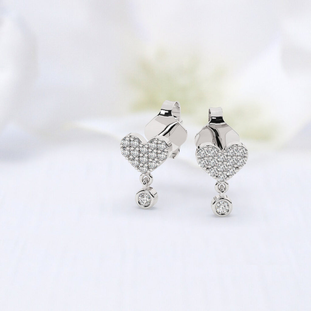 Diamond Dangling Heart Earrings / 14k Bezel Diamond Heart Dangling Earrings / Micro Pave Diamond Earrings / Birthday Gift / Graduation Gift